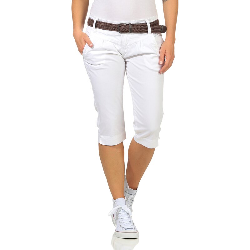 Damen Shorts Bermuda Caprihose kurze Jeans Hotpant Sommer Hose Grtel Taschen  white XXL