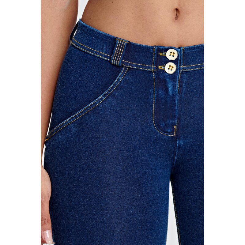 Freddy WR.UP Damen Hose knchellang Denim-Look Super Skinny normale Leibhhe Blau/Gelbe Nhte L