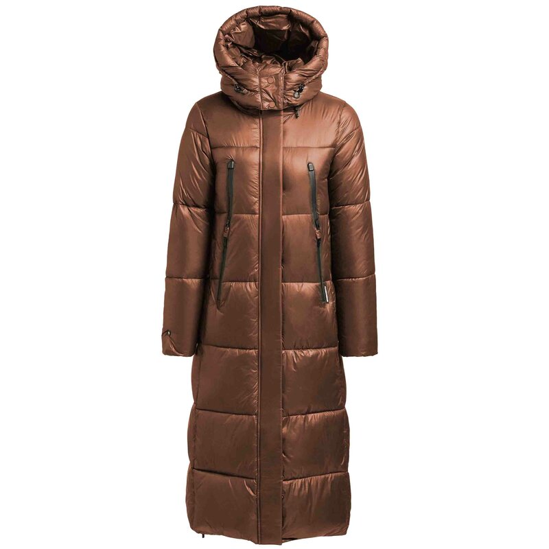 khujo Damen Steppmantel MELONA SHINY langer Wintermantel Parka abnehmbare Kapuze Braun 2XL